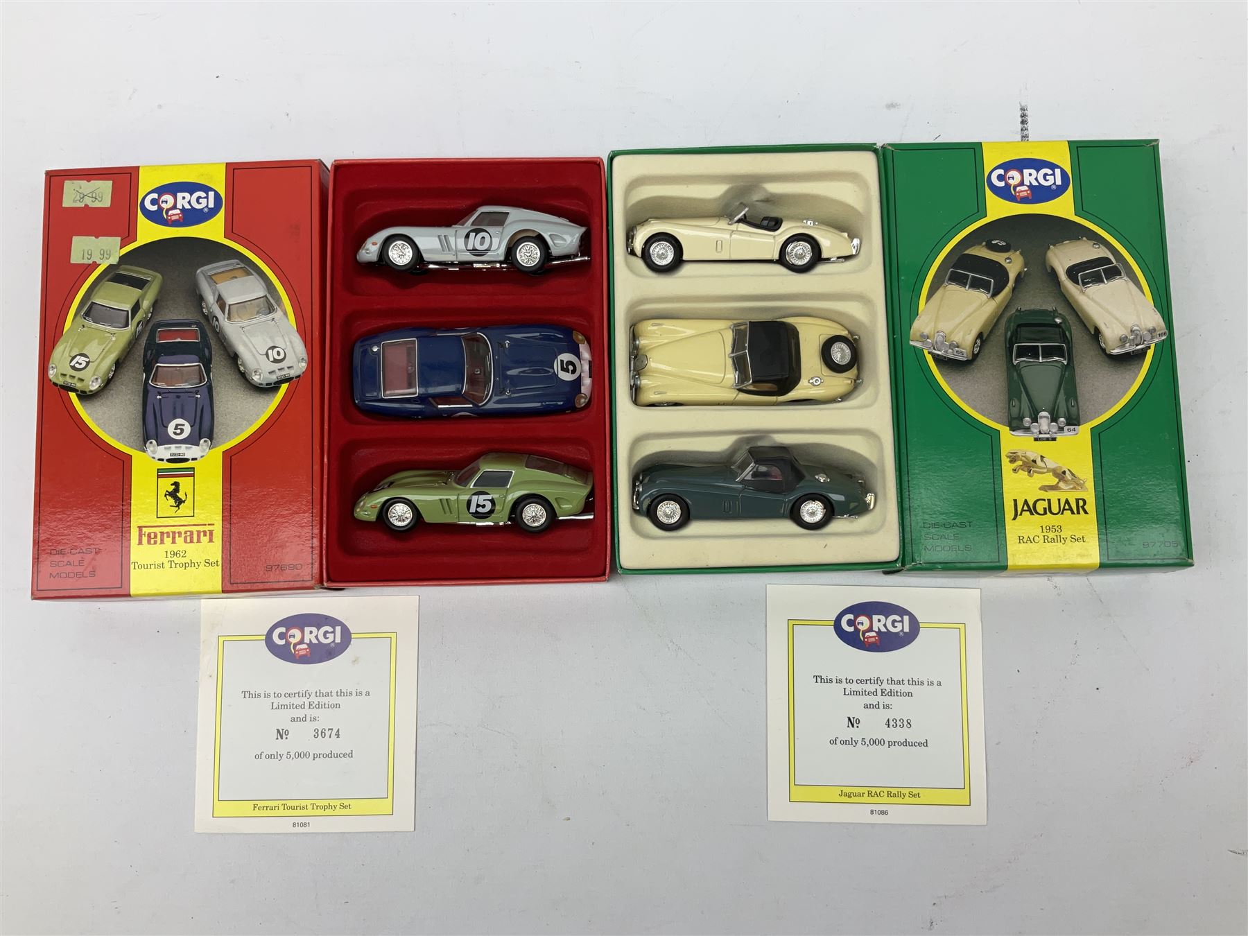 Corgi - eight die-cast model sets comprising D54/1 Four National Resources Vans; 97740 The Times Classic Set; D47/1 The Bash Street Kids; America's York Fair 225 Years; 97701 Two Jaguar E-Types; 97200 BRS Vans; 97690 Ferrari 1962 Tourist Trophy Set; and 97705 Jaguar 1953 RAC Rally Set; most limited editions; all boxed (8)