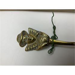 George III oak spoon rack and candle box, the rectangular backplate with shaped  pediment and two six aperture spoon racks, above a candlebox with hinged cover, with various brass spoons and a pair of brass candle snuffers, H56.5cm, W35cm, D14cm 