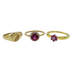 Gold round flamingo pink topaz and diamond ring, gold ruby and diamond ring and a gold signet ring, all hallmarked 9ct