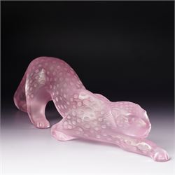 Lalique frosted and clear pink glass model 'Zeila Panther' designed by Marie-Claude Lalique signed 'Lalique France' L34cm with guarantee etc in original Lalique pink box