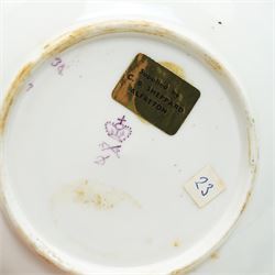 Two sets of Derby tea wares, comprising two saucers, teacup and small bowl, decorated in blue and white, with teardrop and swag motifs, heightened with gilt, one set marked pattern no. 34,  with late 18th century D mark in puce, the other with crown, D mark and crossed batons in puce (4)
