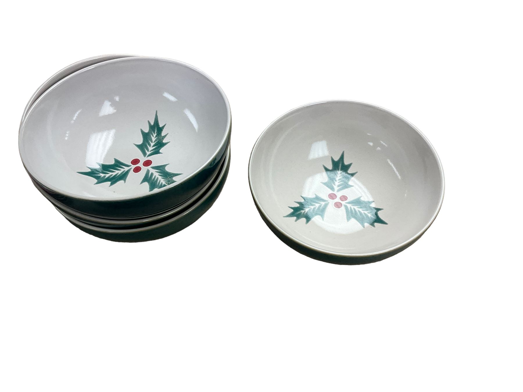 Denby Holly pattern Christmas ceramics, comprising four dinner plates, four side plates, and four bowls 