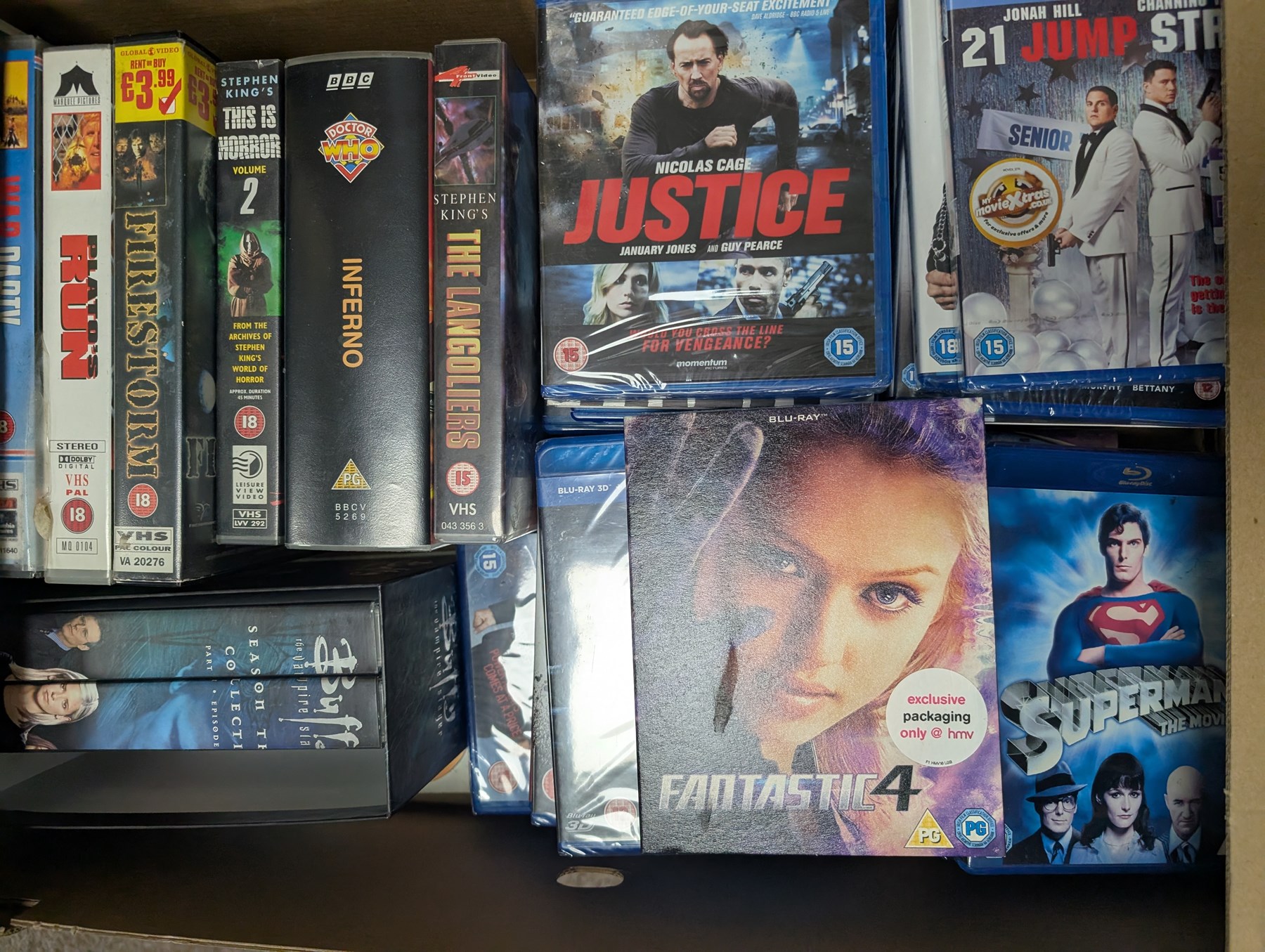 Collection of Sci-Fi and other classic film and TV VHS tapes, DVDs and Blu Rays, including Buffy, Doctor Who, Angel, etc, in four boxes