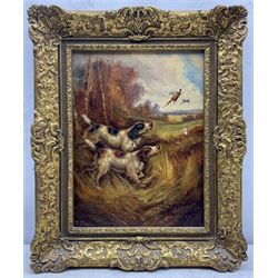 Robert Cleminson (British 1864-1903): Spaniels Flushing Pheasants, oil on canvas signed 39cm x 29cm