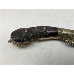 19th century Singhalese knife pia kaetta, the 20cm steel blade inset with yellow and white metal, with metal mounted carved pistol grip, in plain wooden scabbard L33cm overall