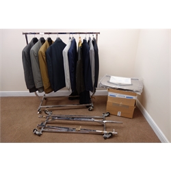 Giorgio Armani blazer, Pal Zileri trouser suit, Holland & Sherry blazer, Nino Danieli two trouser suits and blazer and other suits, Egeria robe, with suit covers and two chrome clothes rail on castors, one a/f    