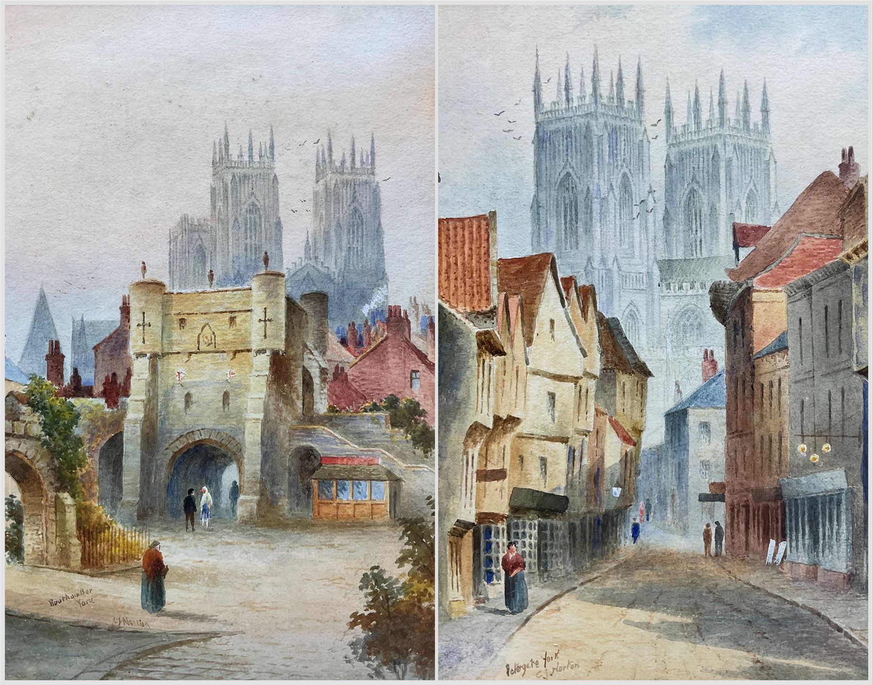 C J Norton (British 20th Century): 'Petergate - York' and 'Bootham Bar - York', pair watercolours signed and titled 26cm x 18cm (2)