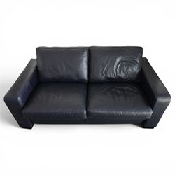 Modern blue leather two seat sofa, square formed arms, four loose cushions