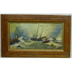  Returning to Harbour, 19th/20th century oil on canvas unsigned 29cm x 59cm in carved oak frame  
