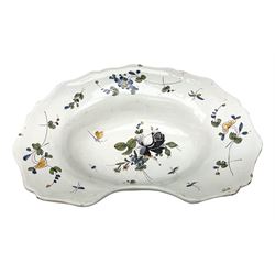 19th century French faience barber's blood-letting bowl, with painted floral decoration in polychrome upon plain ground, with painted initials CT mark beneath, L31cm
