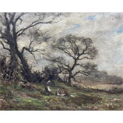 Owen Bowen (Staithes Group 1873-1967): 'The First Primroses', oil on canvas signed and dated 1917, original title label with artist's East Keswick address verso 42cm x 52cm