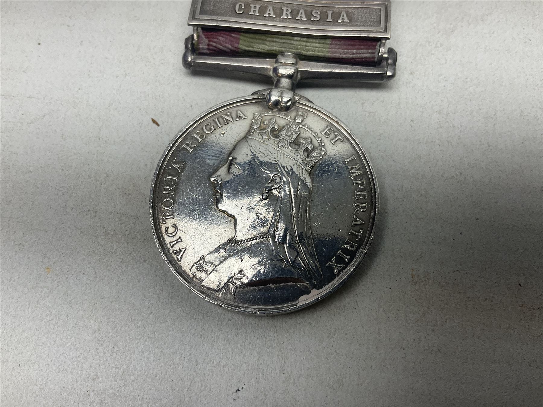 Victoria 2nd Afghanistan War Medal 1878-79-80 with three clasps for Kandahar, Kabul and Charasia, name erased, with ribbon