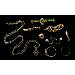 Three gold Edwardian and Victorian gold stone set brooches, gold stone set pendant necklace, pair of pearl screw back earrings and knot stud, all 9ct, gold ring and half band, both 18ct, all stamped, tested or hallmarked