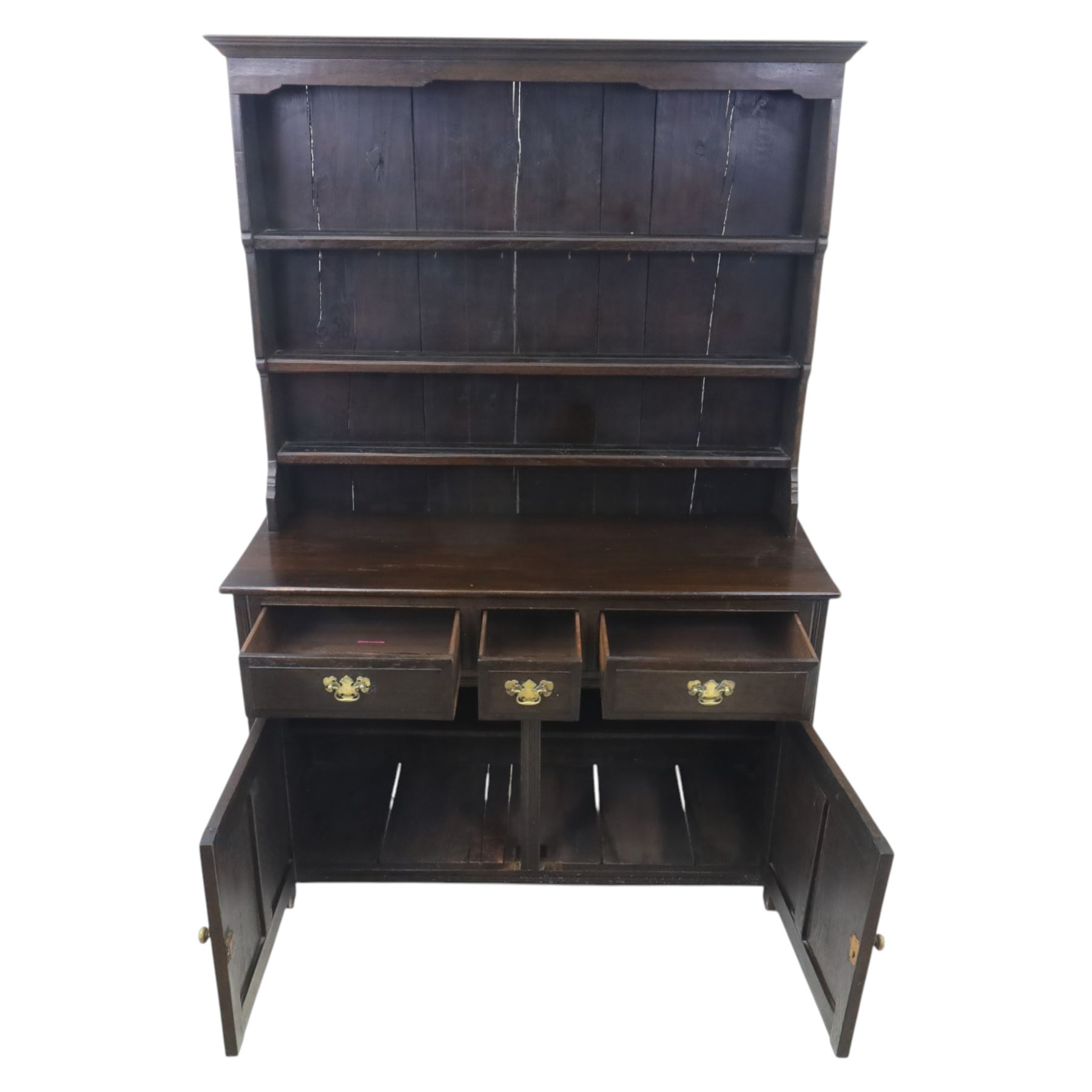Georgian design oak dresser and rack, fitted with three drawers and two cupboards, complete with three tier plate rack