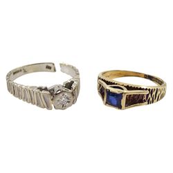 18ct white gold illusion set single stone diamond ring and a 9ct gold synthetic blue stone set ring, both hallmarked