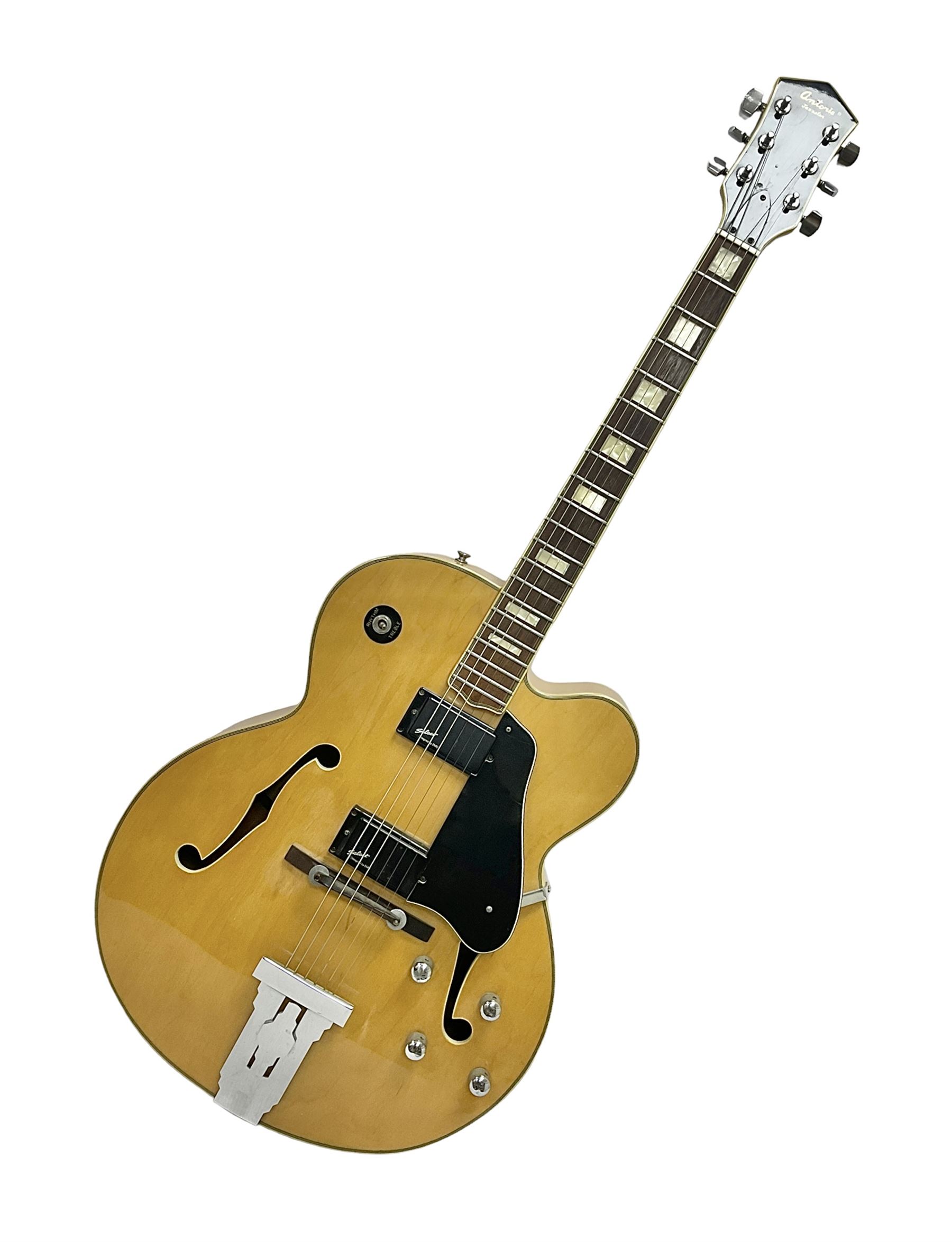 1980s Korean Antoria Jazzstar hollow body electric guitar, in blonde finish with inlaid fretboard, model no E G794, L109cm