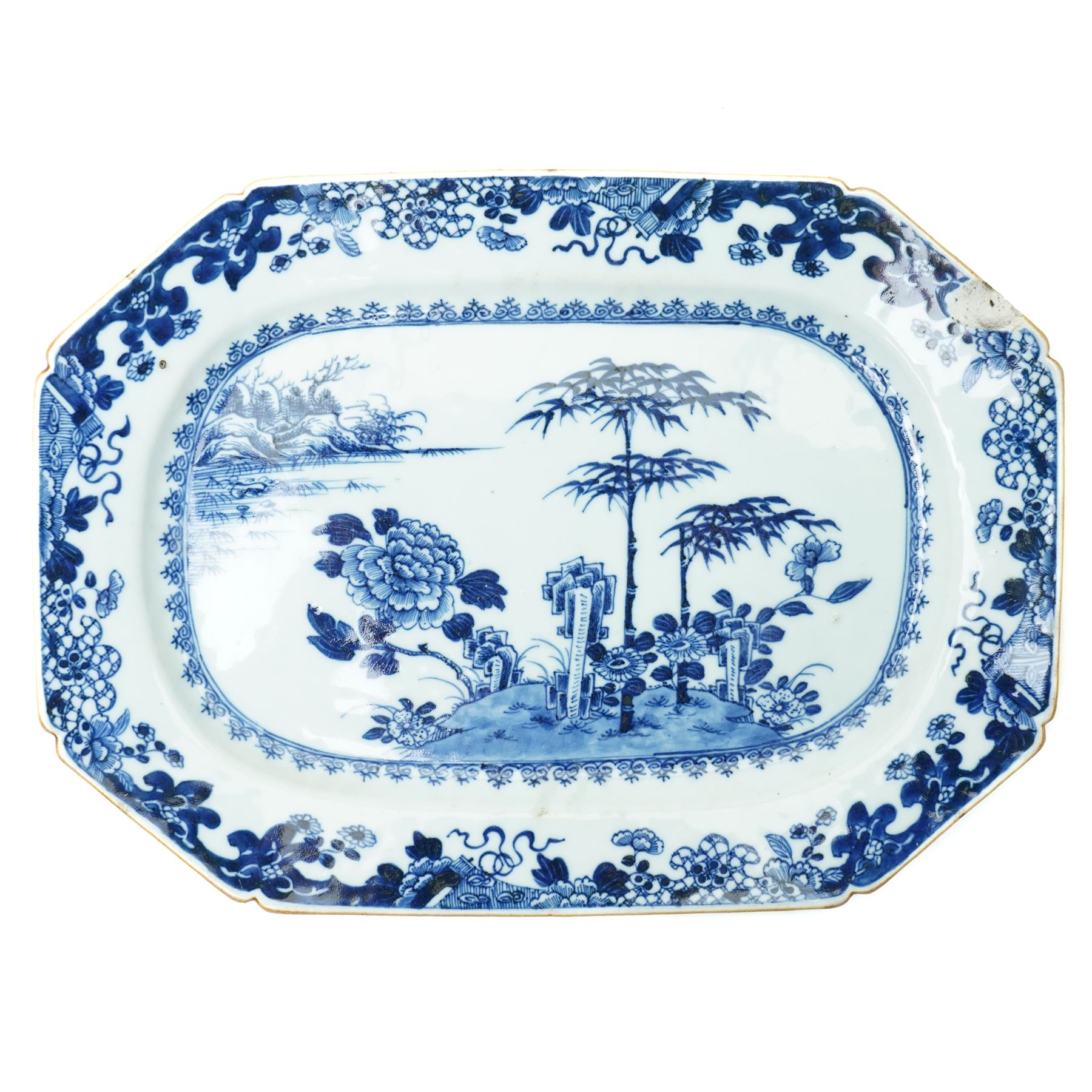 Two 18th century Chinese blue and white platters, painted with traditional landscapes, D31cm 