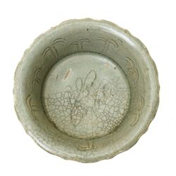 Chinese Ming dynasty Longquan celadon stem cup, of flared form rising from a splayed foot, incised decoration to stem and bowl, with fluted rim, unmarked, H10cm