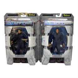 Three Art Asylum Star Trek action figures, comprising The Next Generation Admiral William Riker, Enterprise Broken Bow Lieutenant Malcolm Reed and Enterprise Broken Bow Captain Jonathan Archer, together with three Playmates Toys playsets and figures, including U.S.S Enterprise Bridge playset, Cadet Uhura action figure and Pike action figure, all boxed or carded