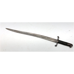  British 1860 patt. sword bayonet with 57cm fullered Yataghan shaped blade and down turned crossguard, hatched slab grips with four rivets, L71cm  