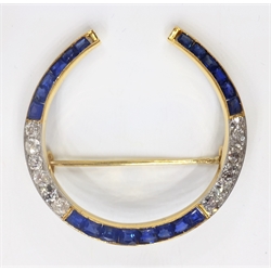 18ct old cut diamond and calibre cut sapphire horseshoe brooch, scroll engraved gold mount hallmarked