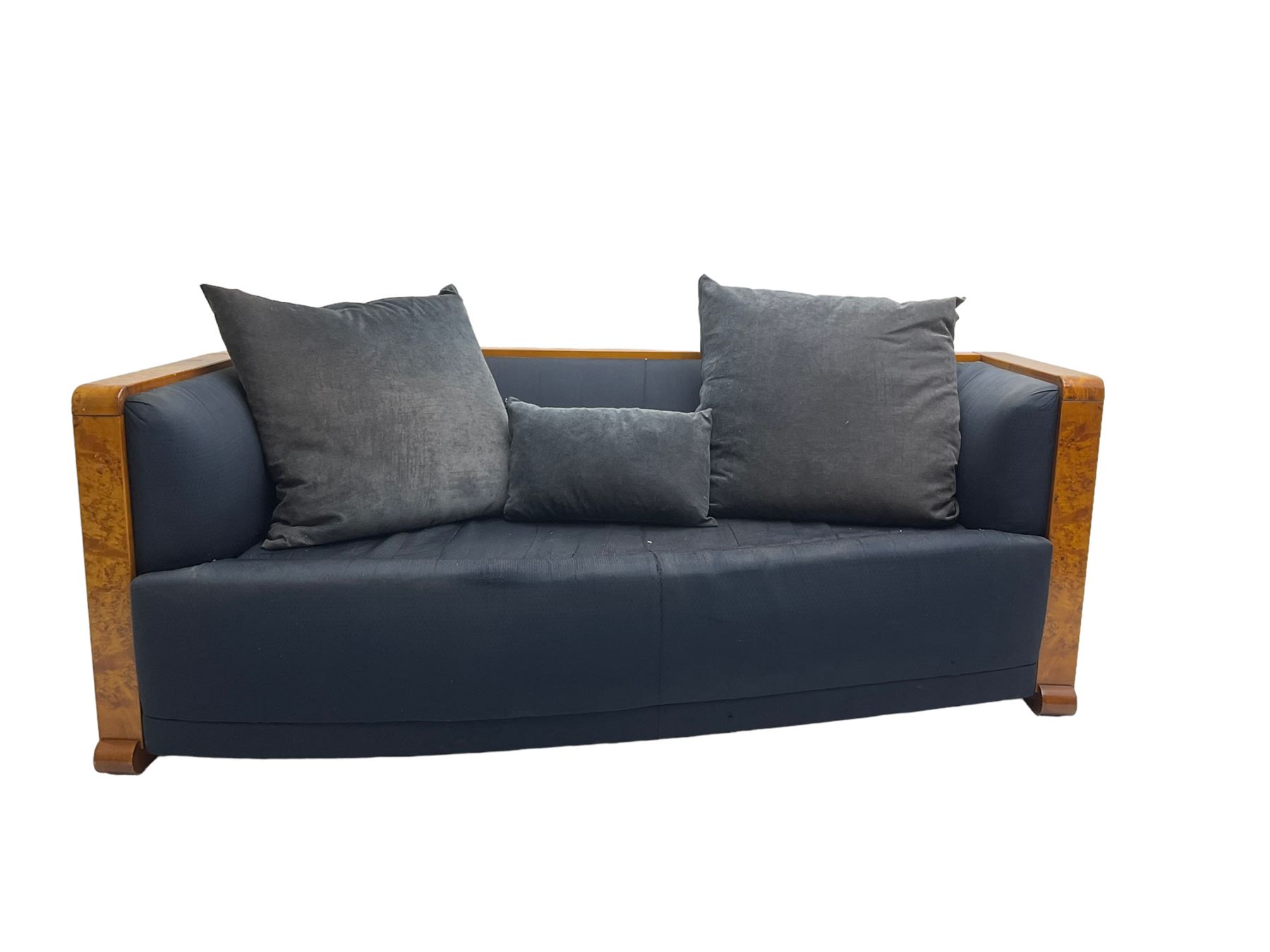 Thörmer Polstermöbel - Art Deco style sofa, of curved tapering form, framed in figured burr elm, upholstered in blue fabric with loose cushions