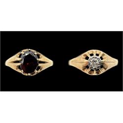 9ct gold illusion set diamond signet ring and a 9ct gold garnet ring
