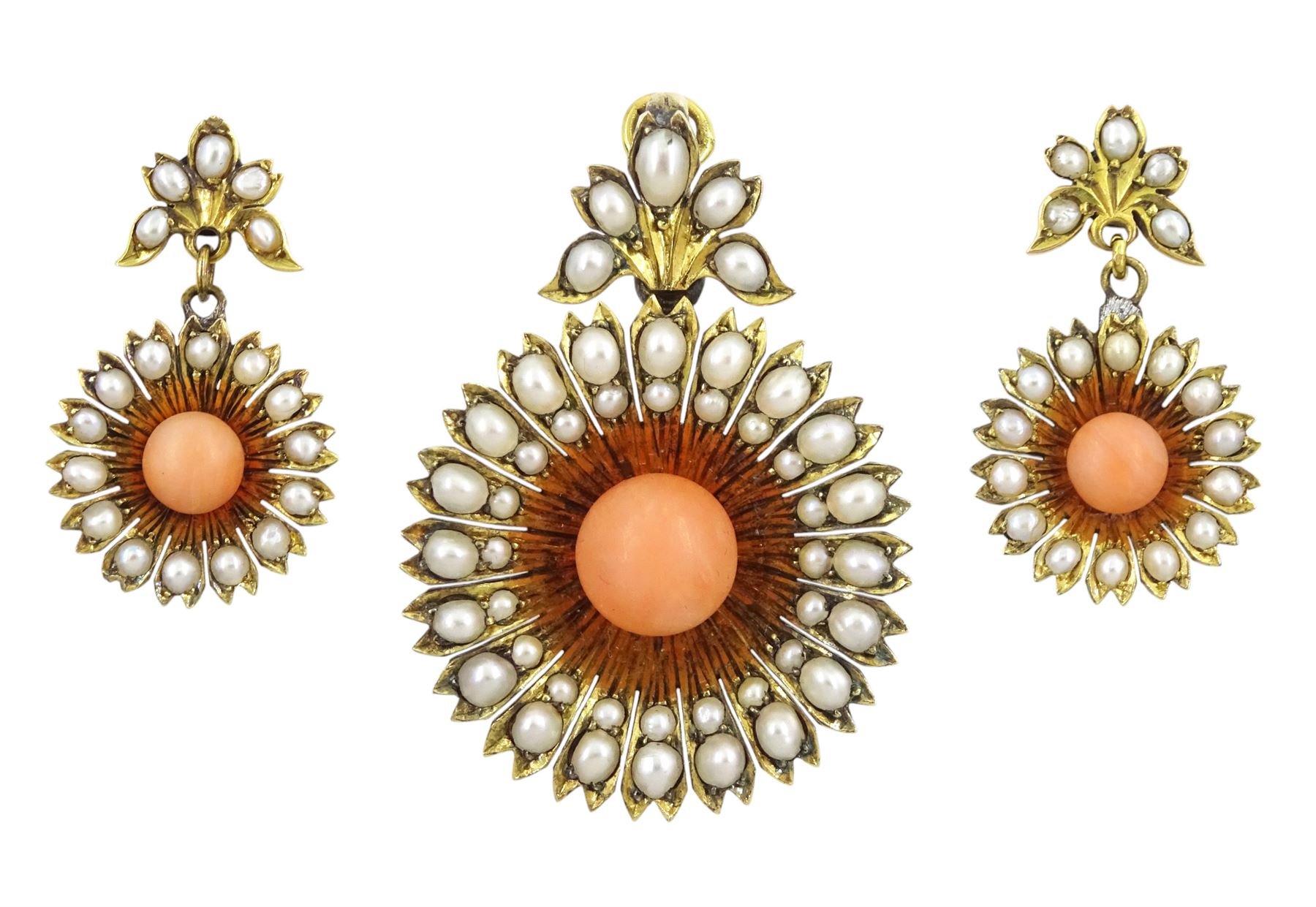 Victorian gold coral and split pearl flower head pendant, with pair of matching stud earrings, in fitted velvet and silk lined box by George Farrer, Tunbridge Wells