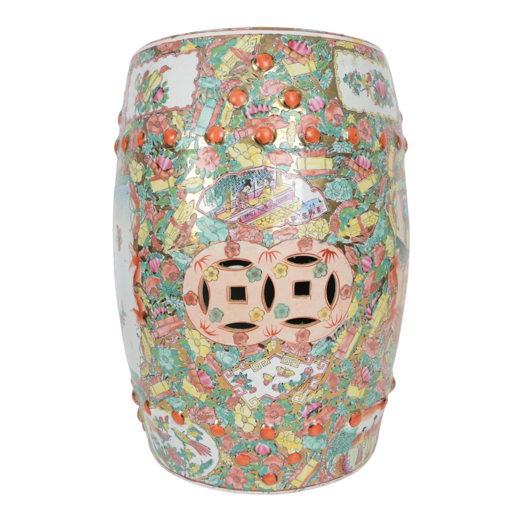  Chinese famille rose canton barrel shaped garden seat decorated with birds amongst foliage, figures and butterflies, H46cm