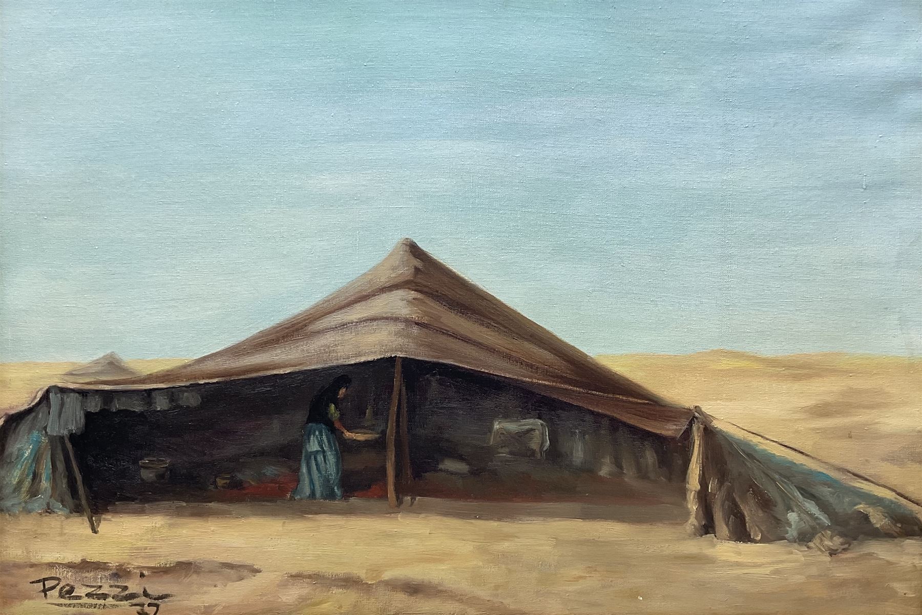 Pezzi (Spanish 20th century): Bedouin Tent, oil on canvas signed and dated '72, 48cm x 71cm