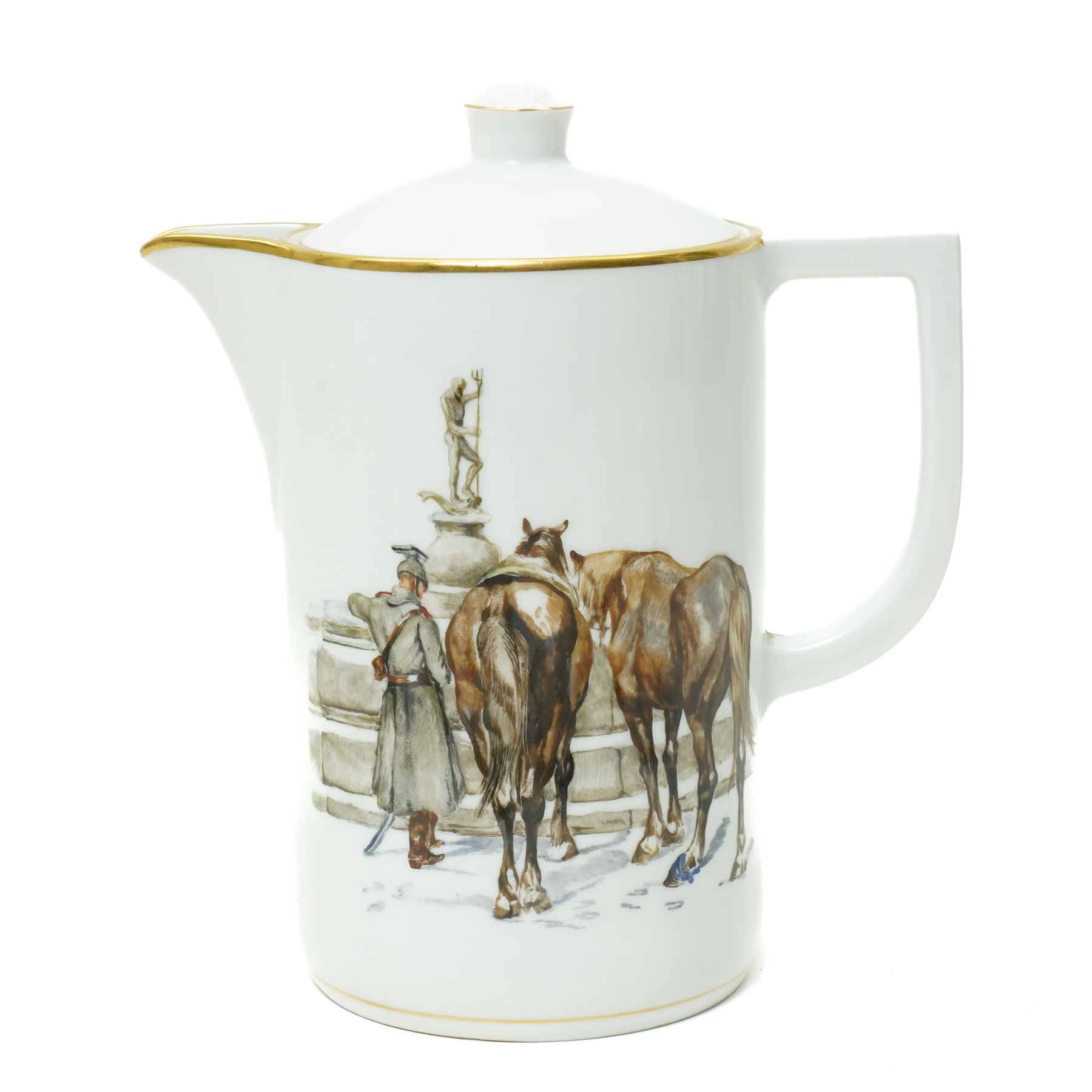Nymphenburg coffee set painted with WWI military scenes after Hans Kratzer, comprising six coffee cans and saucers, coffee pot, cream jug and covered sugar bowl