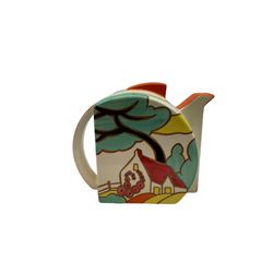 Two Wedgwood Clarice Cliff Bizarre stamford teapots, in red roofs and summer house patterns, H11cm