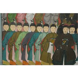Large and impressive Chinese ancestral portrait, late Qing dynasty, gouache on stitched canvas with gilded highlights, showing thirty-eight sitters across four registers, the principal ancestors depicted before an altar table holding various ritual items, each in official dress and many wearing Golden Pheasant (Second-rank) and Silver Pheasant (Fifth-rank) Mandarin squares or 'buzi', overall 190cm x 131cm 