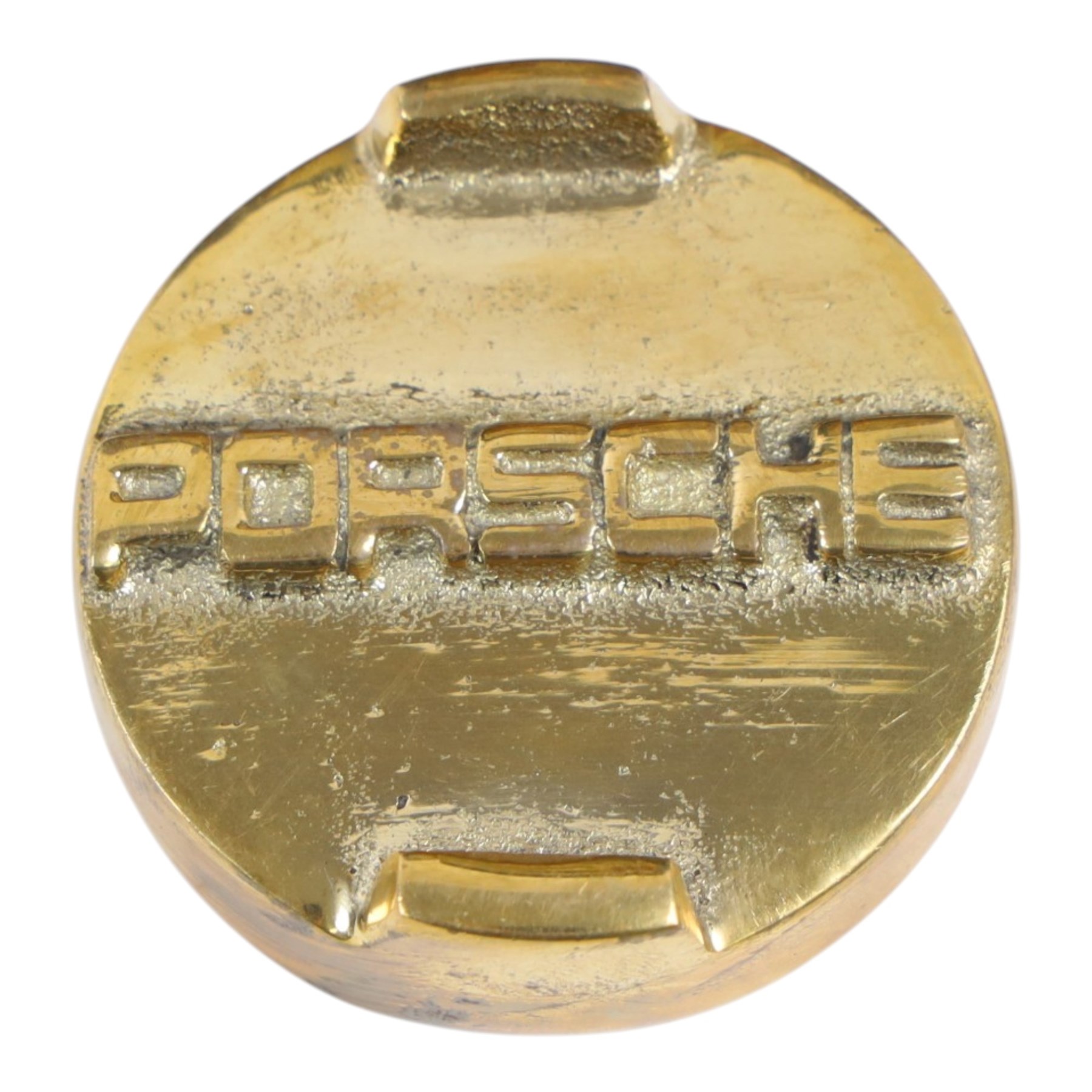 Metal petrol can in the style of Porsche, with black painted body, hand-painted Porsche logo detailing and gilt screw lid