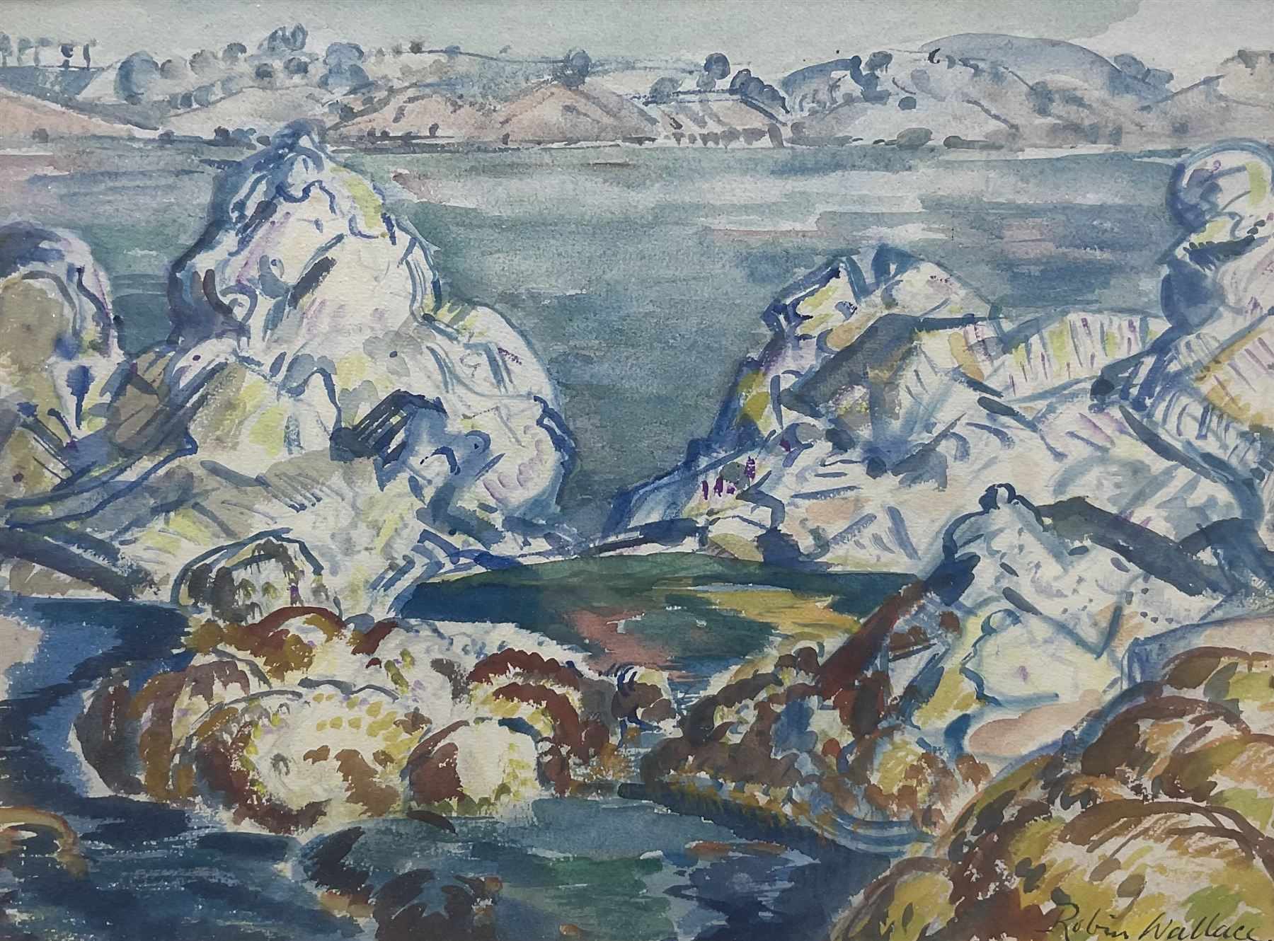 Robin Wallace (British 1897-1952): Impressionist Rocky Coastal Landscape, watercolour signed 29cm x 40cm