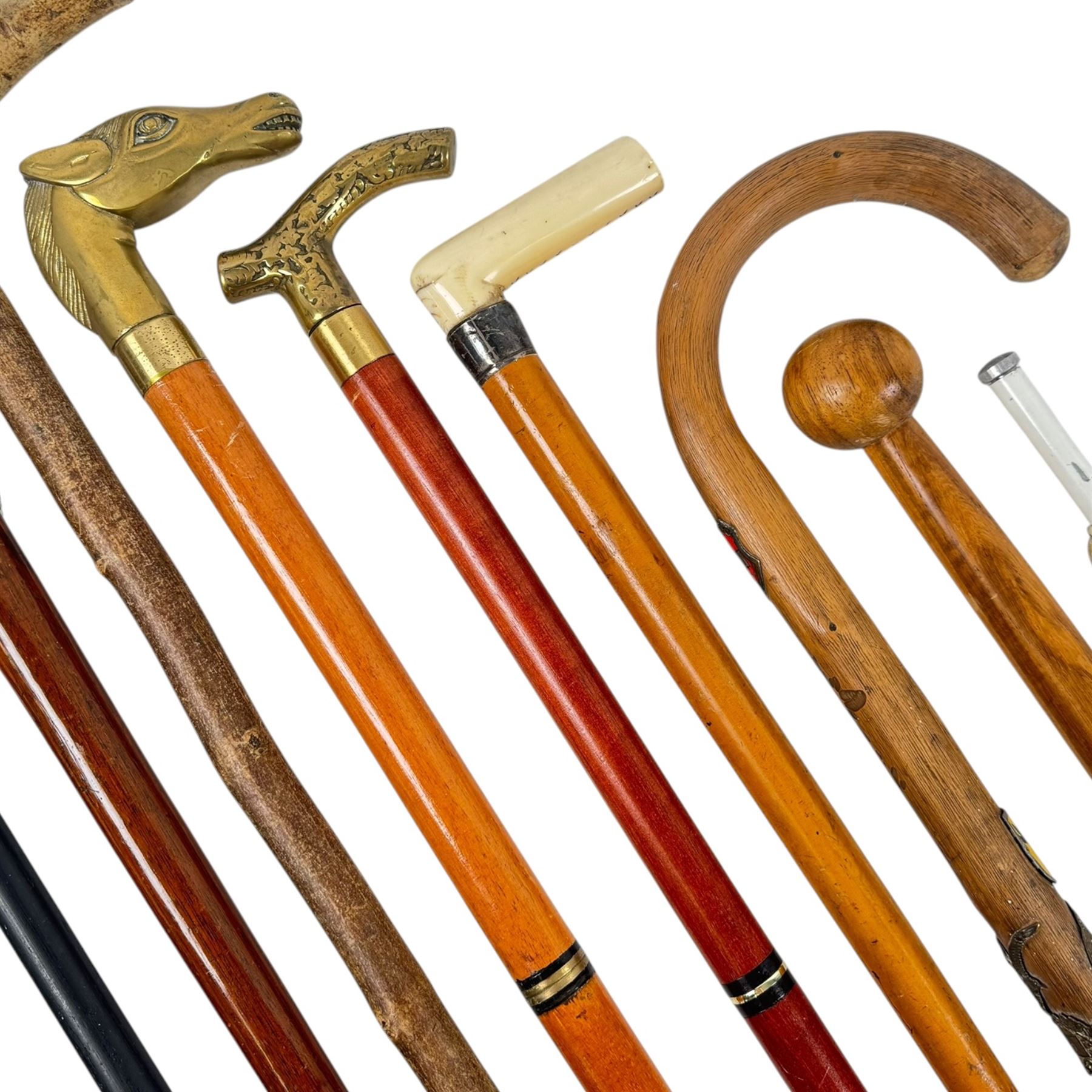 Collection of walking sticks, including two silver topped examples, hallmarked
