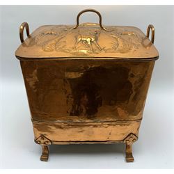 19th century Continental copper log bin, of straight sided form with twin carry handles, upon four curved feet, the seamed body embossed in high relief to the front with Historismus type scene of figure of horseback flanked by trees, above a foliate frieze, the cover with curved handle embossed with alternating panels of stags and hounds separated by trees, including handle H53cm W44.5cm