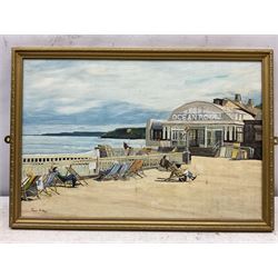 Edward H Simpson (British 1901-1989): 'Scarborough South Bay from Cliff Tops', watercolour signed, titled on label verso 35cm x 53cm;Tom S Hoy (British 20th century): Deck Chairs by the Ocean Room, Scarborough Spa, oil on board signed 30cm x 45cm; T Crawford (20th century): Steam and Sail Vessels, oil on board signed 40cm x 50cm (3)