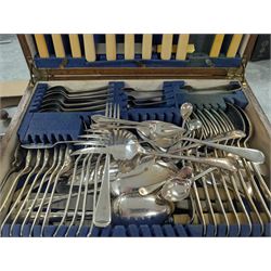 Collection of silver plate and brassware, including canteen of cutlery, horse brasses, candlesticks, teapots etc