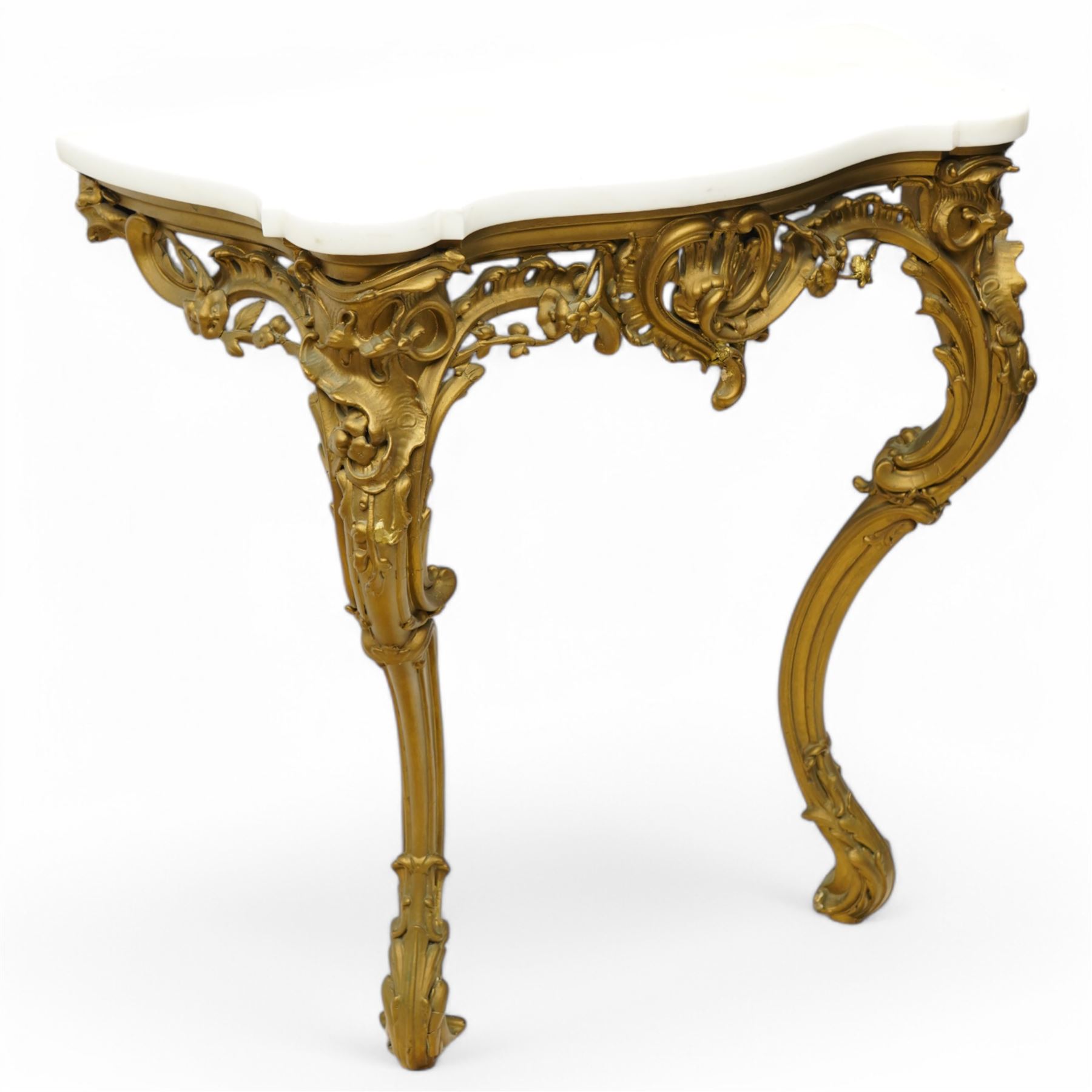 Late 19th to early 20th century giltwood and gesso console table with marble top, shaped white marble top, the base with pierced front decorated with shells and trailing leafy branches with flower heads, on cabriole supports with shell decorated knees, scrolled feet with acanthus leaf terminals 