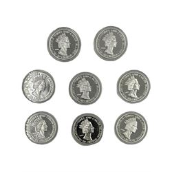 Eight Queen Elizabeth II Turks and Caicos Islands 1995 silver twenty crowns coins, relating to the Atlanta 1996 Olympic games, including 'Cycling', 'Equestrian', 'Hurdles' etc, all with Westminster certificate
