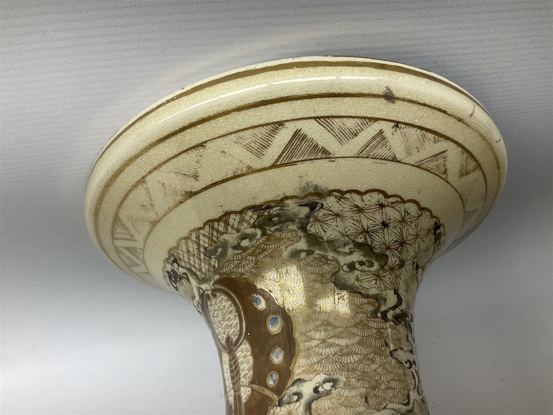 Pair early 20th Century Japanese floor vases of ovoid form, painted with warriors and elders within geometric designs and gilding, H61cm