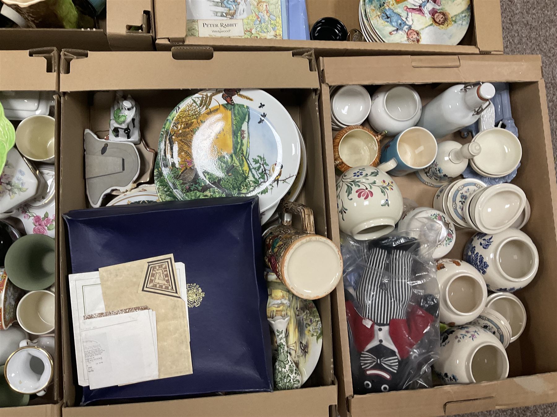 Collectables including, Wedgwood, Beswick, Hornsea, Wade etc in five boxes 