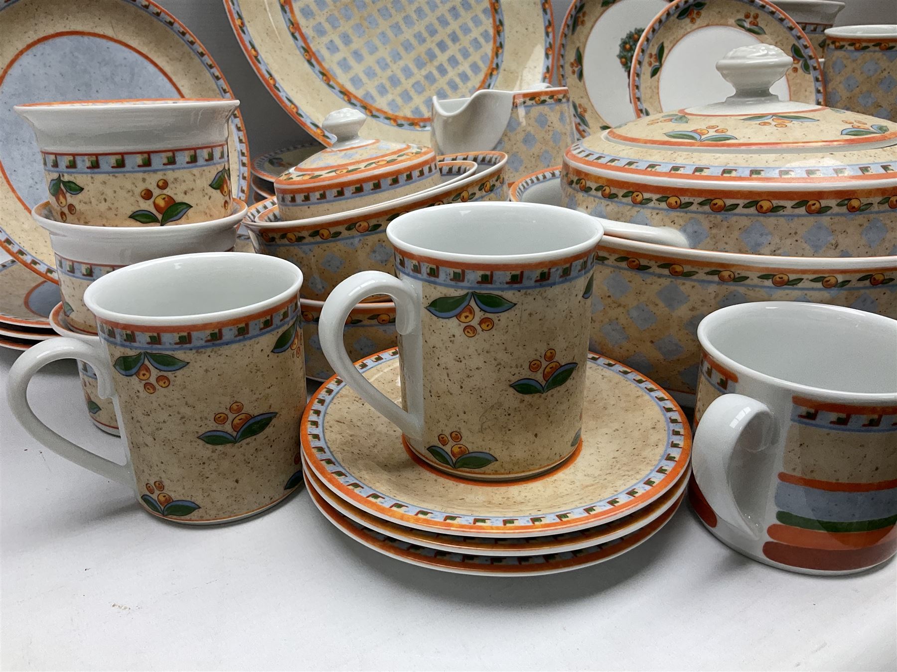 Villeroy & Boch Gallo design Switch 4 Naranja & Nazare pattern tea and dinner wares, to include seven dinner plates, twin handled lidded tureen, five mugs, four saucers, jug, lidded sucrier, large bowl,  seven ramekins, various side plates, two bowls etc