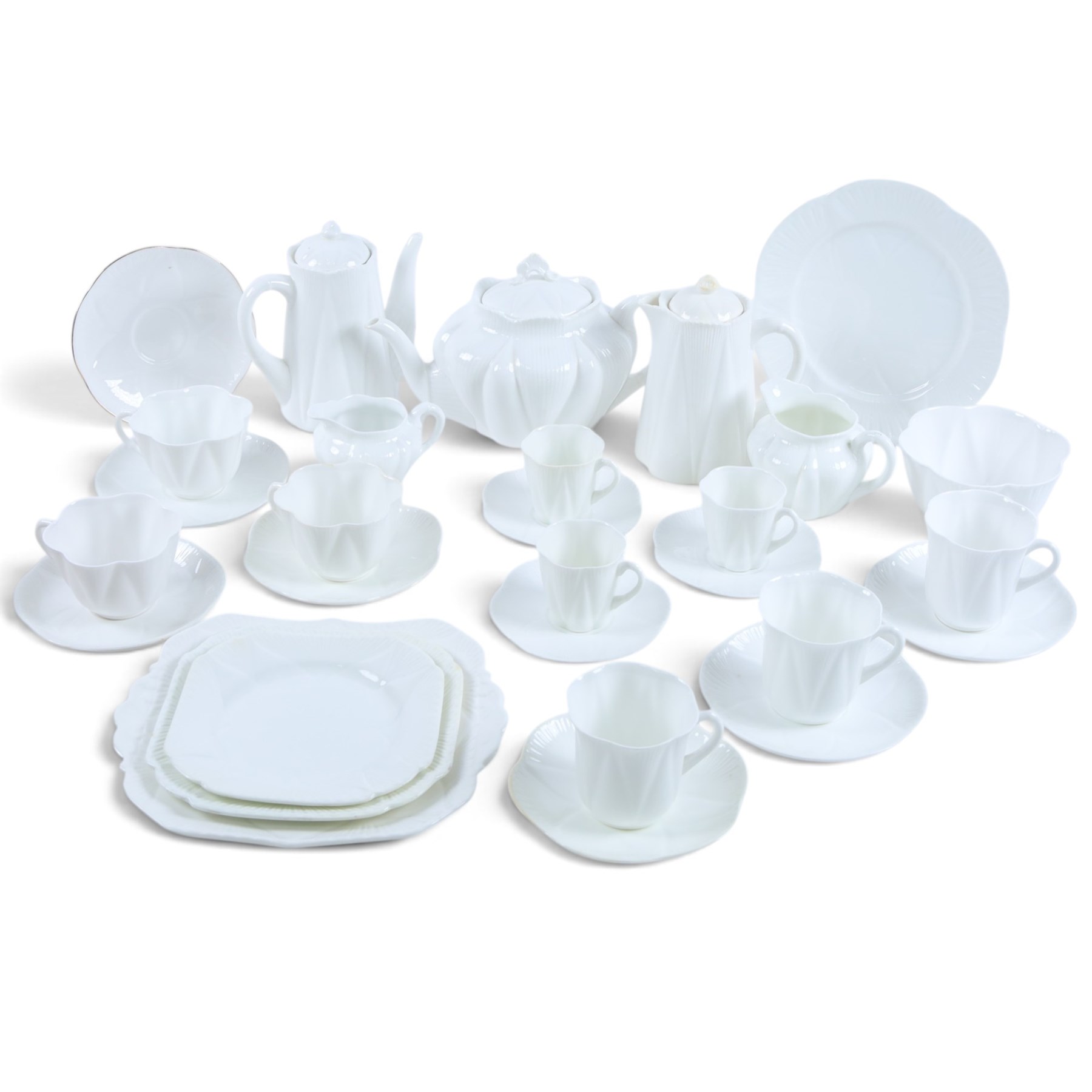 Shelley Dainty White pattern tea service, including teapot, coffee pot, hot water jug, open sucrier, cups and saucers, cake plates etc 