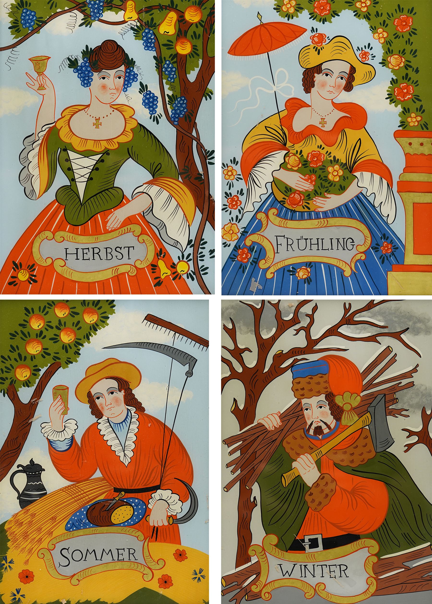 German School (20th Century): ‘Frühling’ ‘Sommer’ ‘Herbst’ and ‘Winter’- The Seasons, set of four reverse glass paintings (4) 