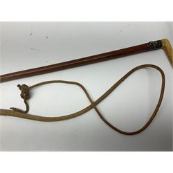 Victorian malacca cane riding whip with horn handle, the hallmarked silver ferrule embossed with a horse racing scene B'ham 1862 and long plaited whip L78cm excluding whip; and two riding crops, one by Swaine & Isaac London with embossed white metal mounts and plaited covered shaft (3)
