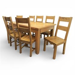 Modern light oak rectangular dining table, and eight high back chairs, stowable leaves extending to 270cm