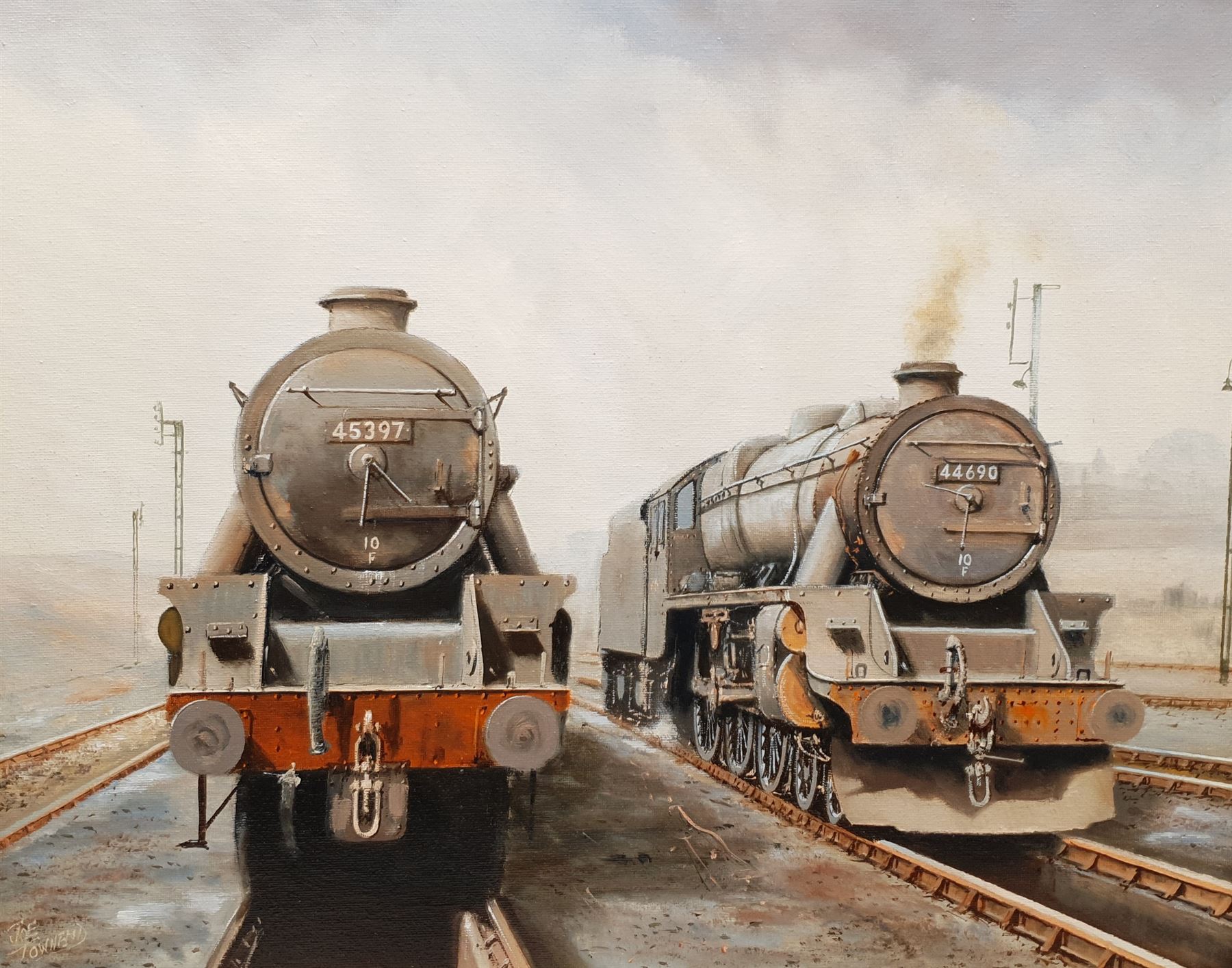 Joe Townend GRA (British 1946-): Black Fives at Rose Grove Shed Burnley, oil on canvas signed 40cm x 50cm