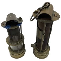 Two mining lamps, including wire mesh three bar example and a wire mess and glass example 